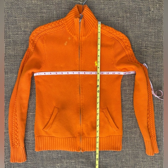 Ralph Lauren Sport Orange Full Zip Cardigan, Size S/P, Yellow Logo, Pockets - Picture 5 of 11